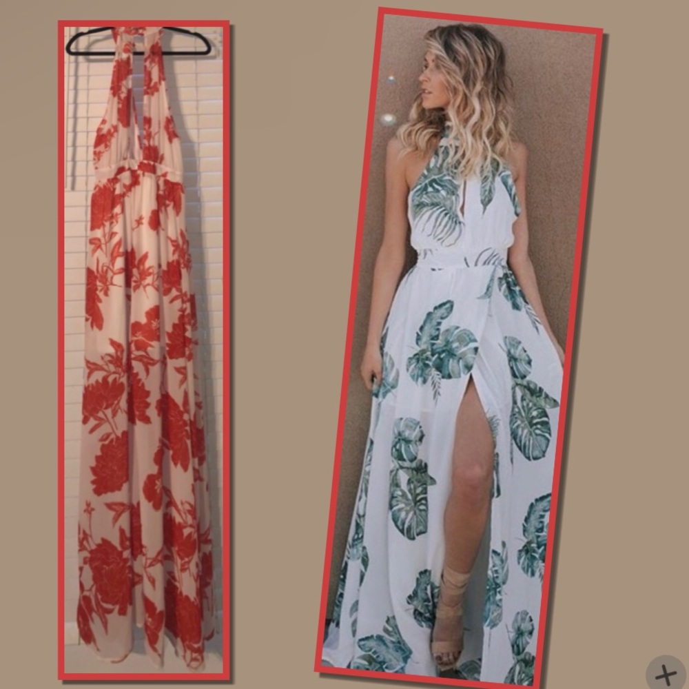 VICI coral floral maxi dress w/halter plunging keyhole neckline & slit NEW🎉SALE